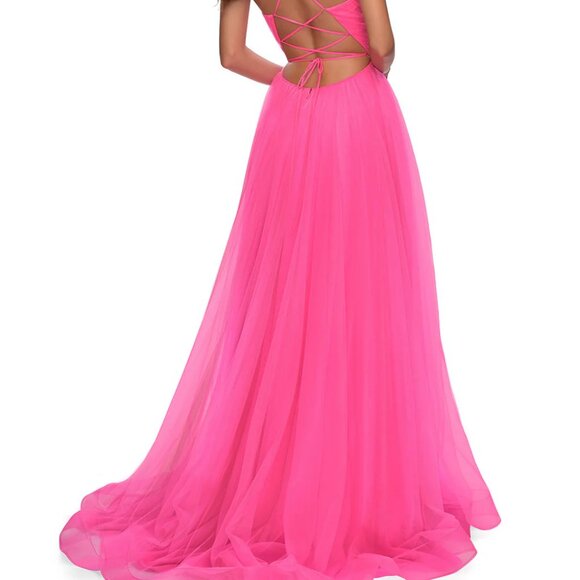 NWT LA FEMME Pink Neon Light Tulle Gown Sweetheart Neck Laceup Back 10 MSRP $408 - Picture 2 of 11